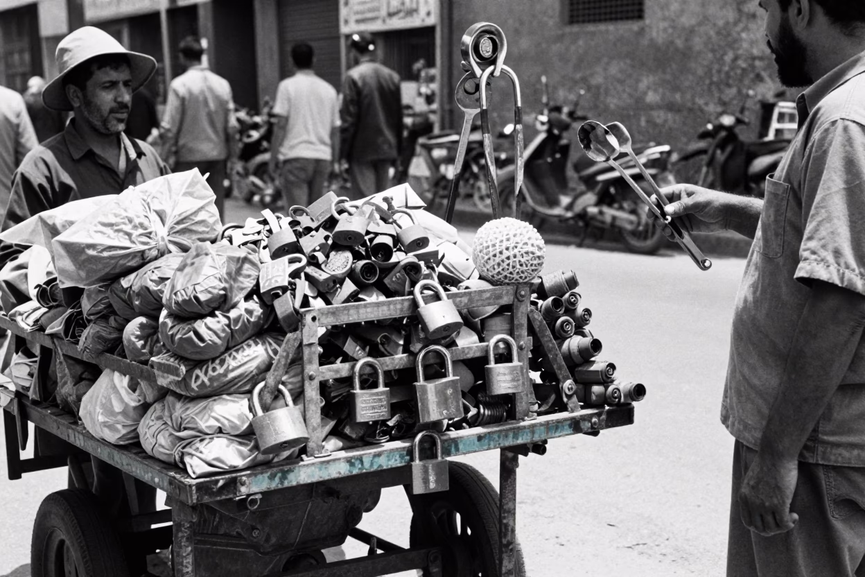 Busy Cairo Street Scene with Padlock and Kitchen Tongs in in Cairo, Egypt