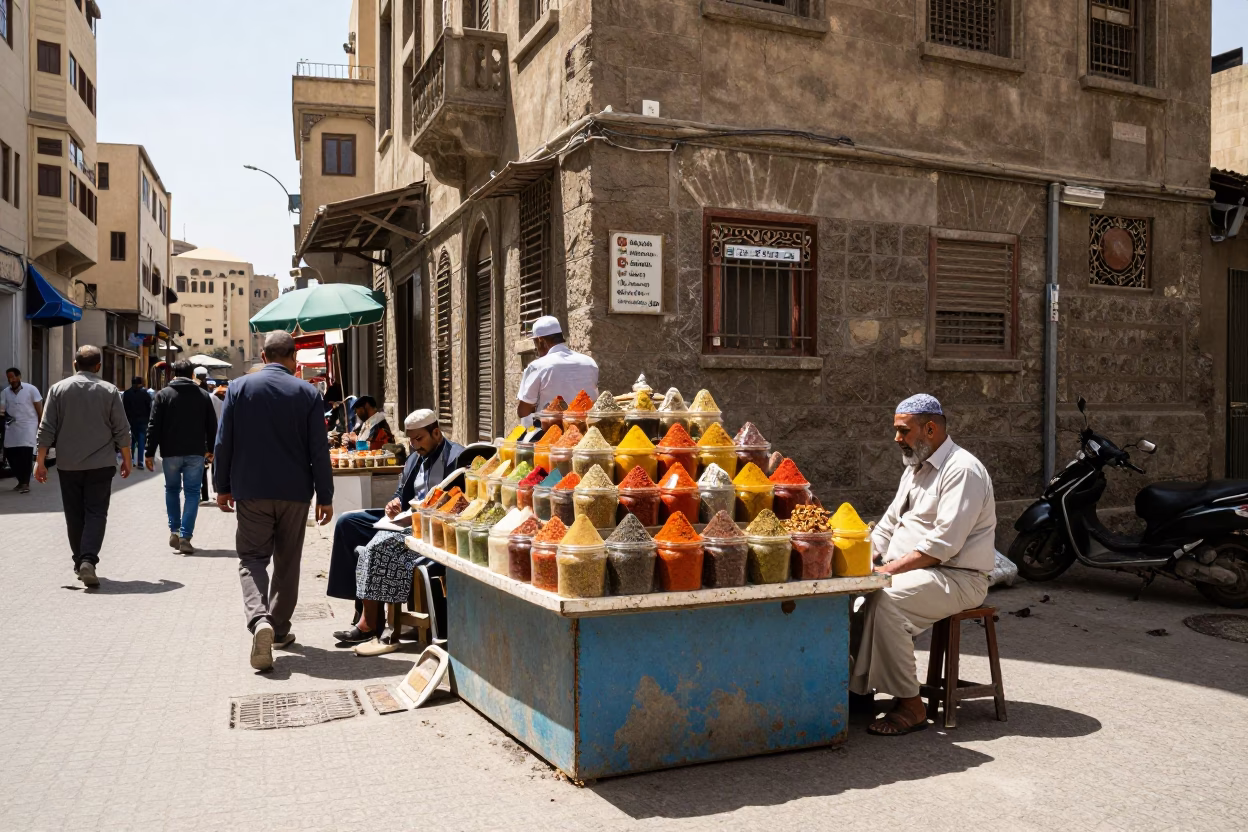 Busy Cairo Street Scene with Spice Jars and Daily Life in Bright Midmorning Light in in Cairo, Egypt