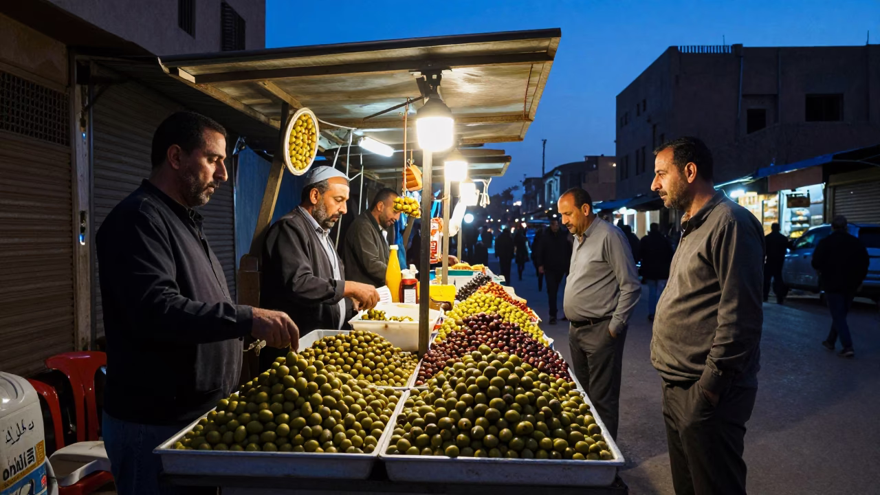Busy Cairo Street Stall at Blue Hour with Olives and Local Interaction in in Cairo, Egypt