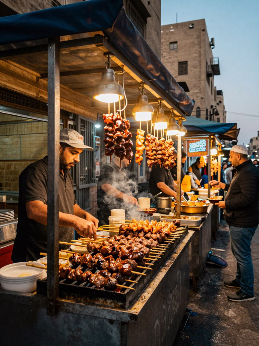 Busy Cairo Street Stall with Skewered Anticuchos in Honeyed Evening Light in in Cairo, Egypt