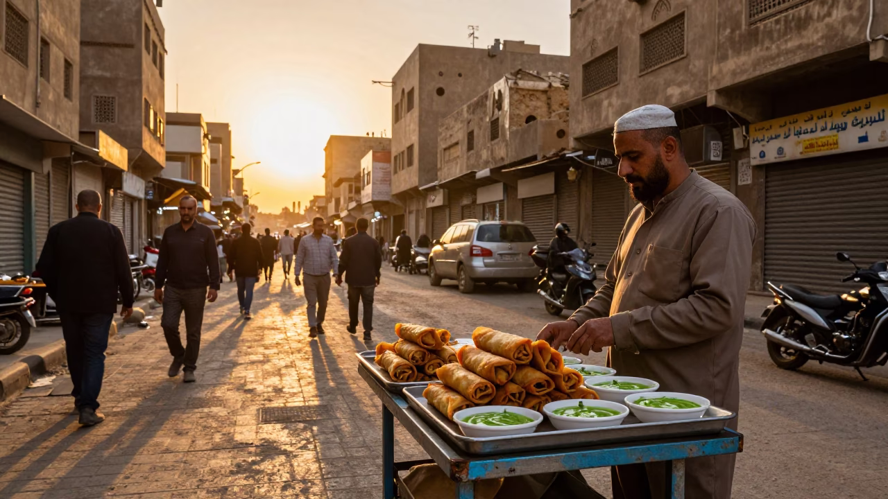 Busy Cairo Street Sunset Scene with Traditional Food and Urban Life in in Cairo, Egypt