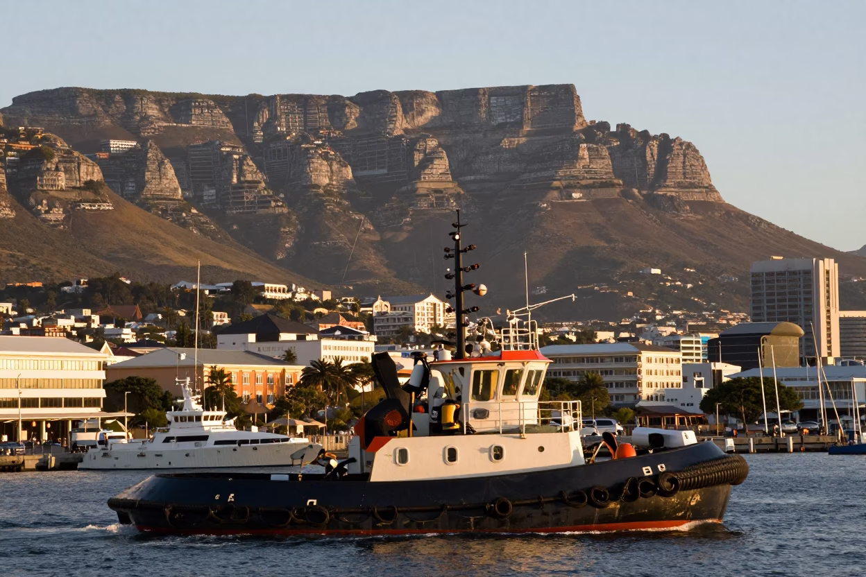 Busy Cape Town Harbor Late Afternoon with Tugboat and Terraced Gardens in in Cape Town, South Africa