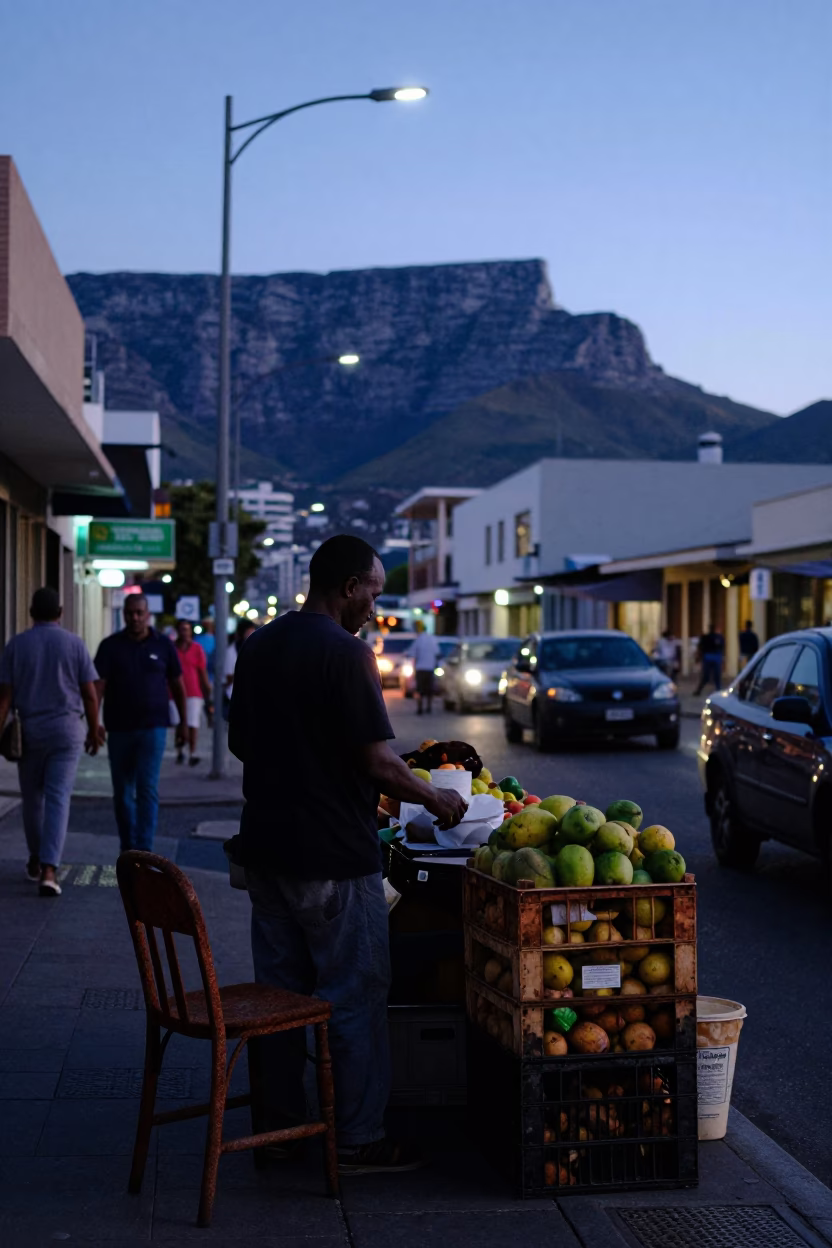 Busy Cape Town Indigo Twilight Street Scene with Rusty Chair and Crate in in Cape Town, South Africa