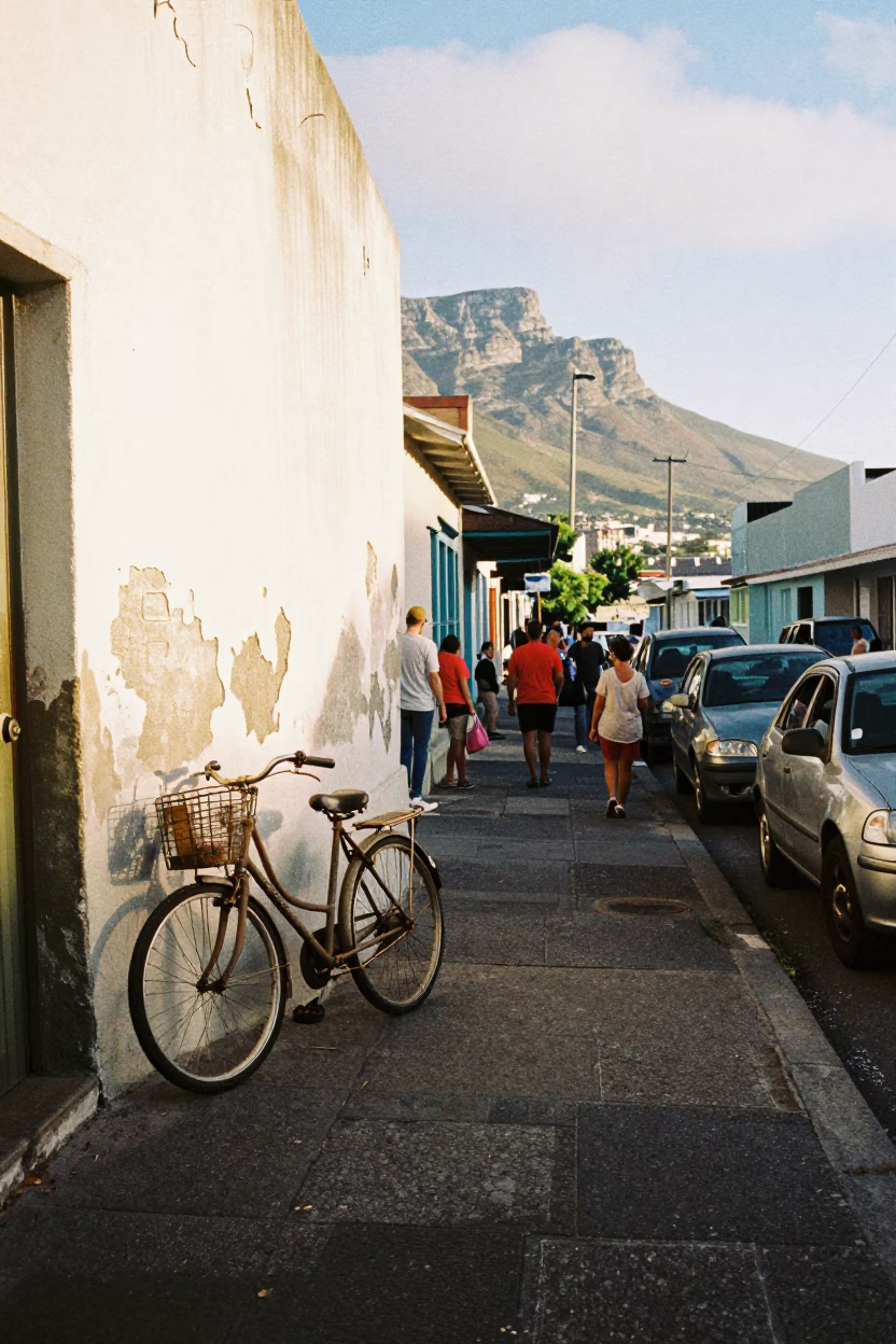 Busy Cape Town Late Morning Street Scene with Bicycle and Zinnias in in Cape Town, South Africa