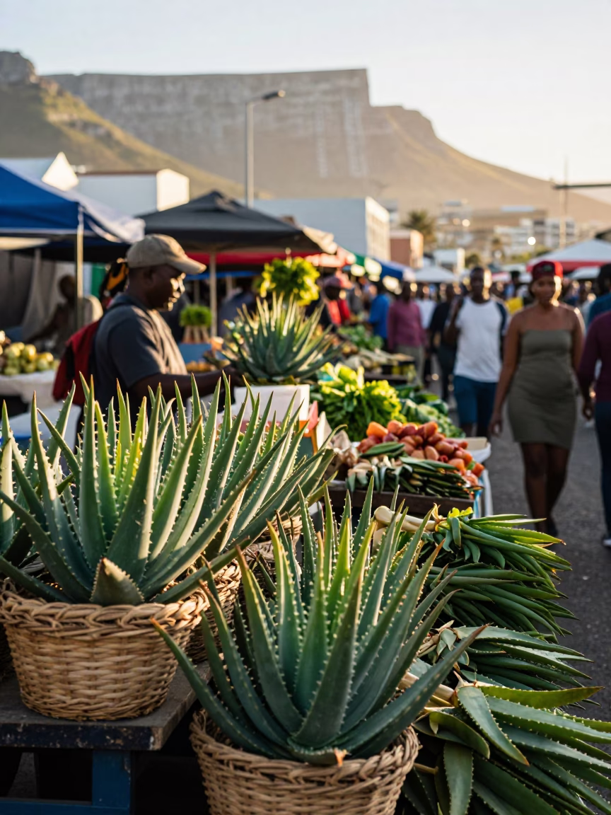 Busy Cape Town Market Stall with Aloe Vera and Fresh Produce at First Light in in Cape Town, South Africa