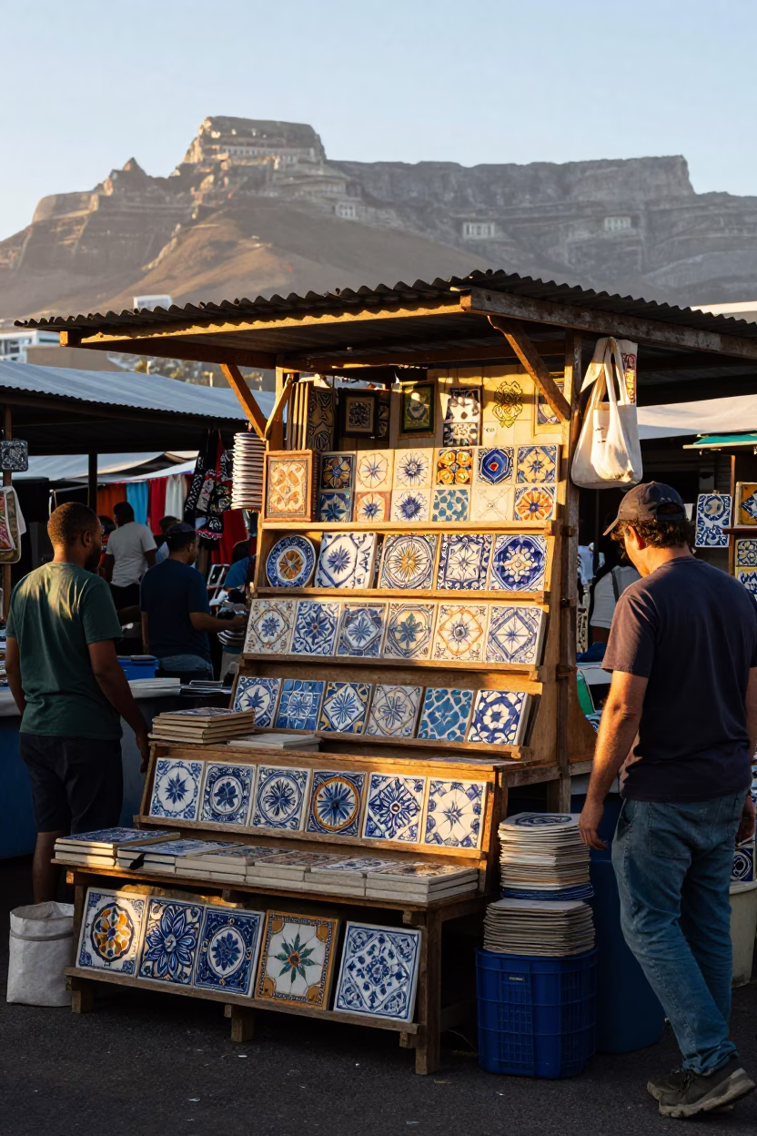 Busy Cape Town Market Stall with Ceramic Tiles and Linen in Early Morning Light in in Cape Town, South Africa