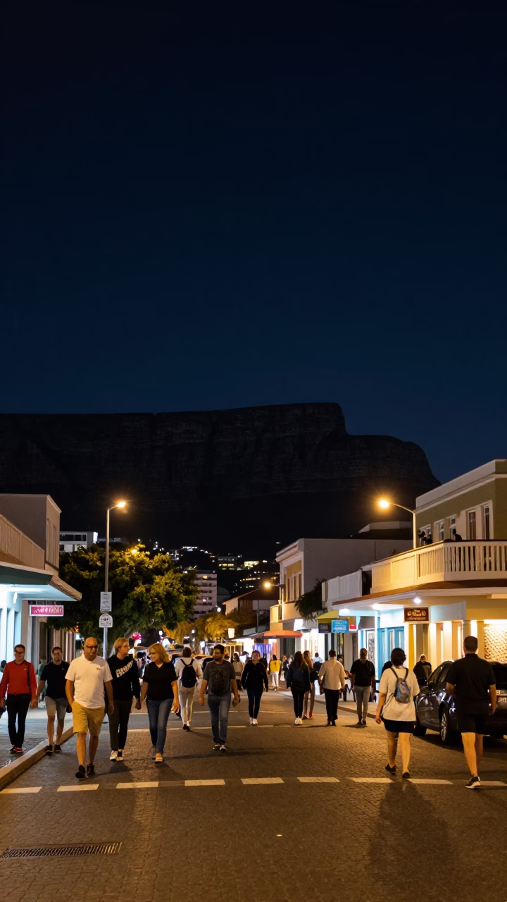 Busy Cape Town Night Street Scene Under Deep Sky with Local Food and Transportation in in Cape Town, South Africa