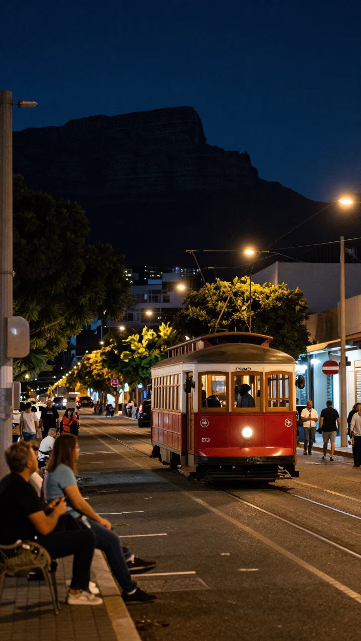 Busy Cape Town Night Street Scene with Old Trolley and Colorful Local Market Activity in in Cape Town, South Africa