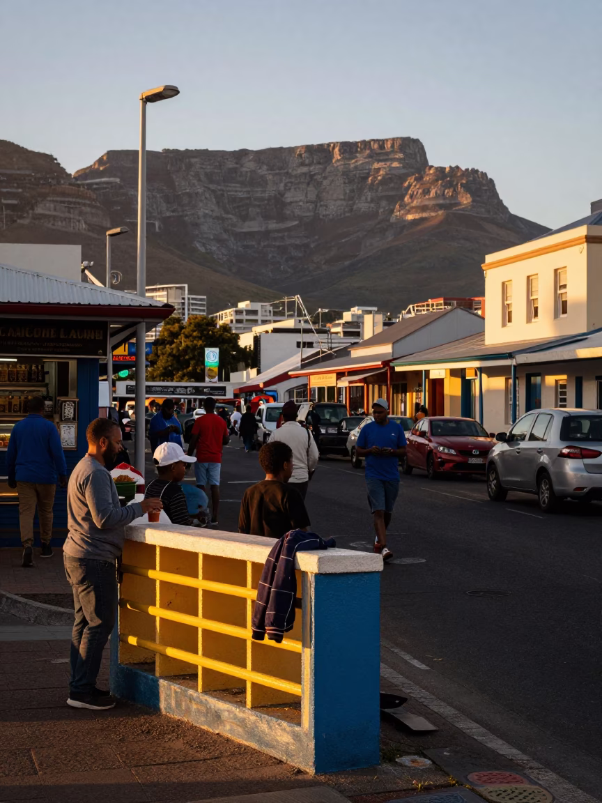 Busy Cape Town Street Corner at Dusk with Local Food and Vintage Details in in Cape Town, South Africa