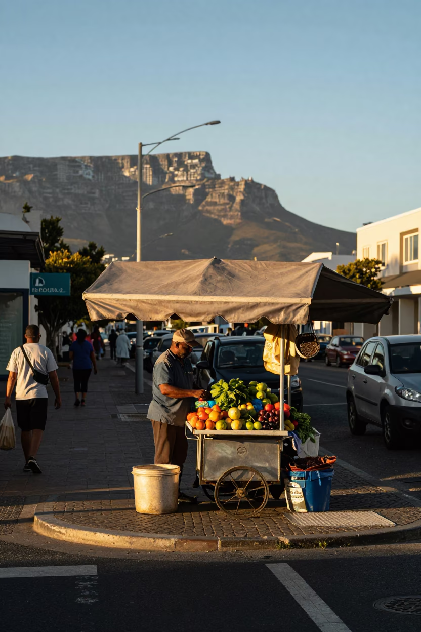 Busy Cape Town Street Corner in Late Afternoon Light with Local Vendor and Pedestrians in in Cape Town, South Africa
