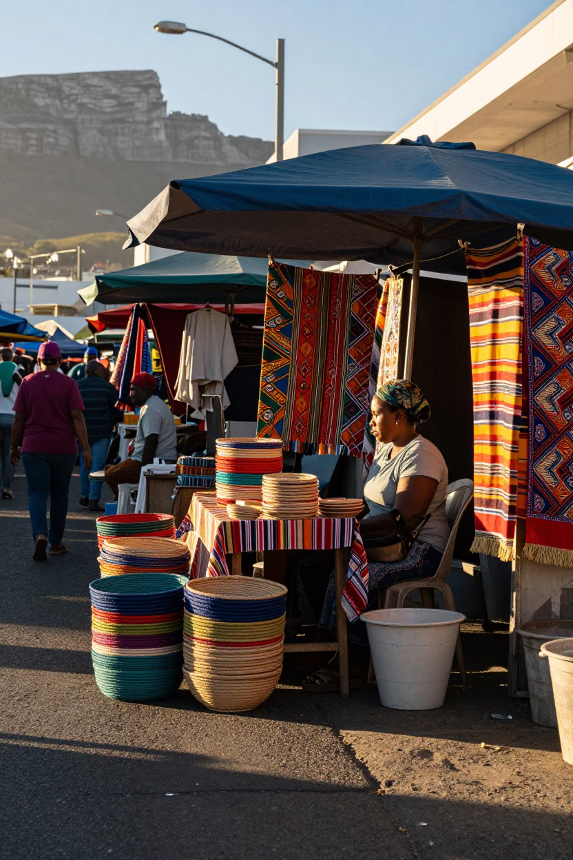 Busy Cape Town Street Market Late Afternoon with Local Vendor and Hanging Textiles in in Cape Town, South Africa