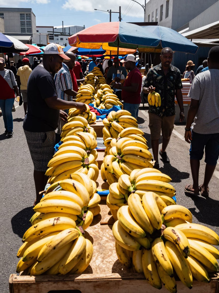 Busy Cape Town Street Market Midday Scene with Bananas and Local Commerce in in Cape Town, South Africa