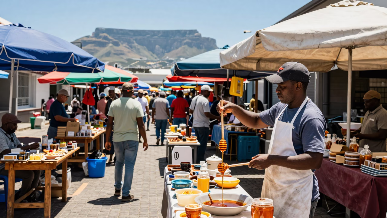 Busy Cape Town Street Market Midday Scene with Honey Dippers and Stoneware Crocks in in Cape Town, South Africa