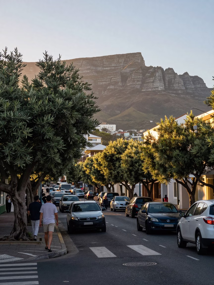 Busy Cape Town Street Scene at Dawn with Olive Trees and Steaming Pipes in in Cape Town, South Africa