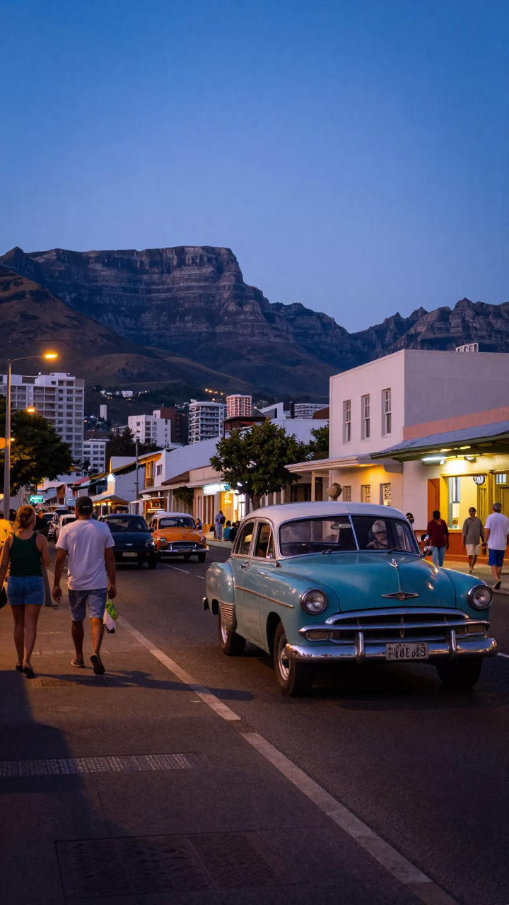 Busy Cape Town Street Scene at Indigo Twilight with Vintage Car and Fruit Crate in in Cape Town, South Africa