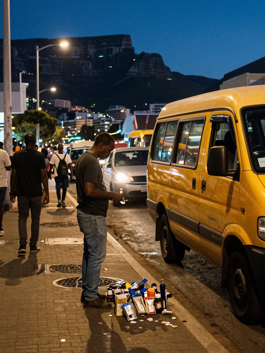 Busy Cape Town street scene at midnight with pin tin and local activity in in Cape Town, South Africa