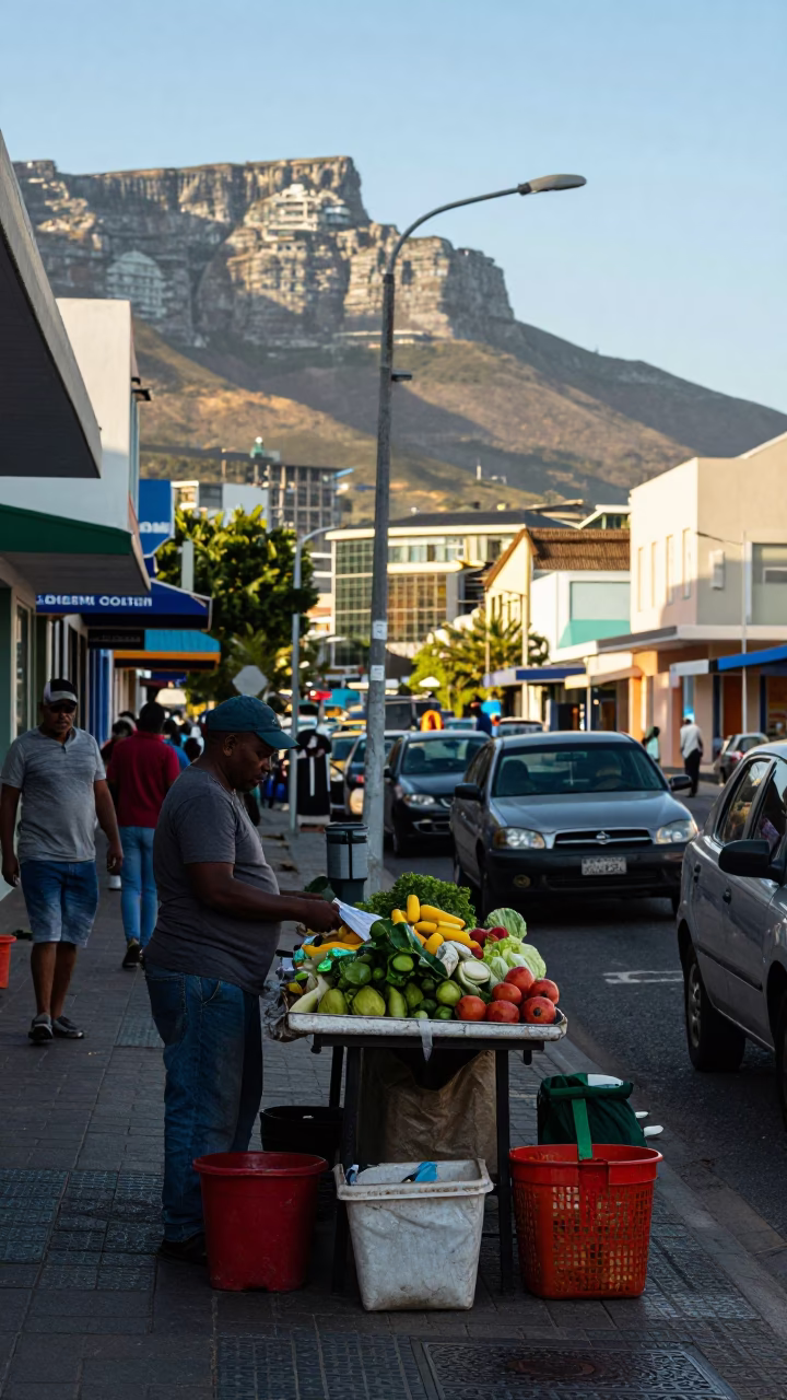 Busy Cape Town Street Scene Early Afternoon with Local Vendor and Vintage Details in in Cape Town, South Africa