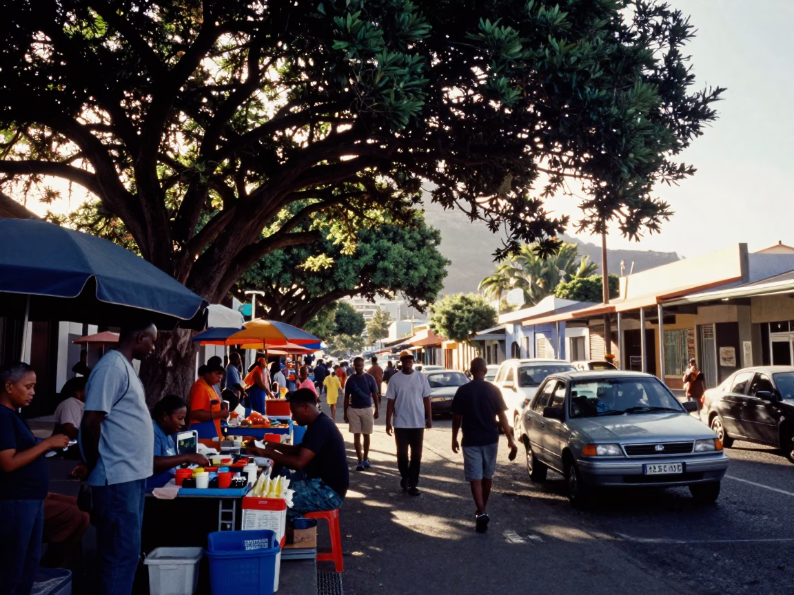 Busy Cape Town Street Scene Early Afternoon with Local Vendors and Vintage Cars in in Cape Town, South Africa