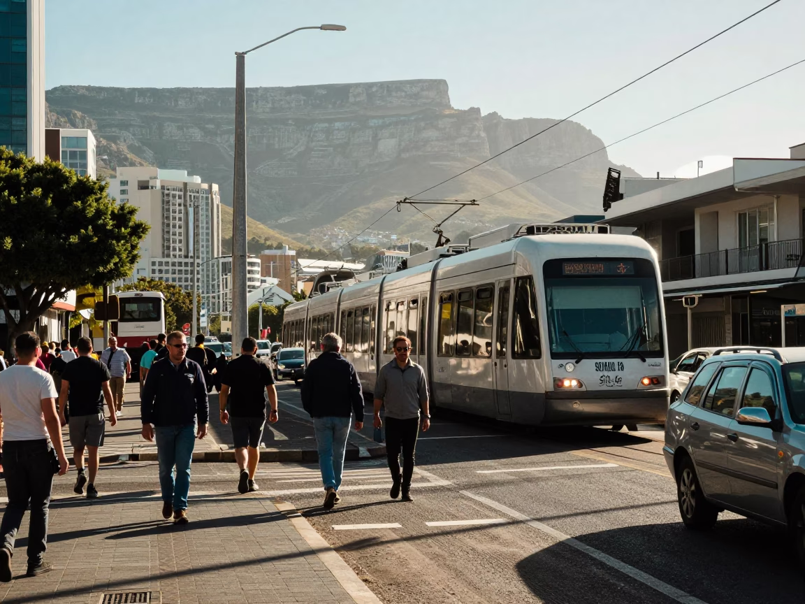 Busy Cape Town Street Scene Early Afternoon with Monorail and Palm Trees in in Cape Town, South Africa
