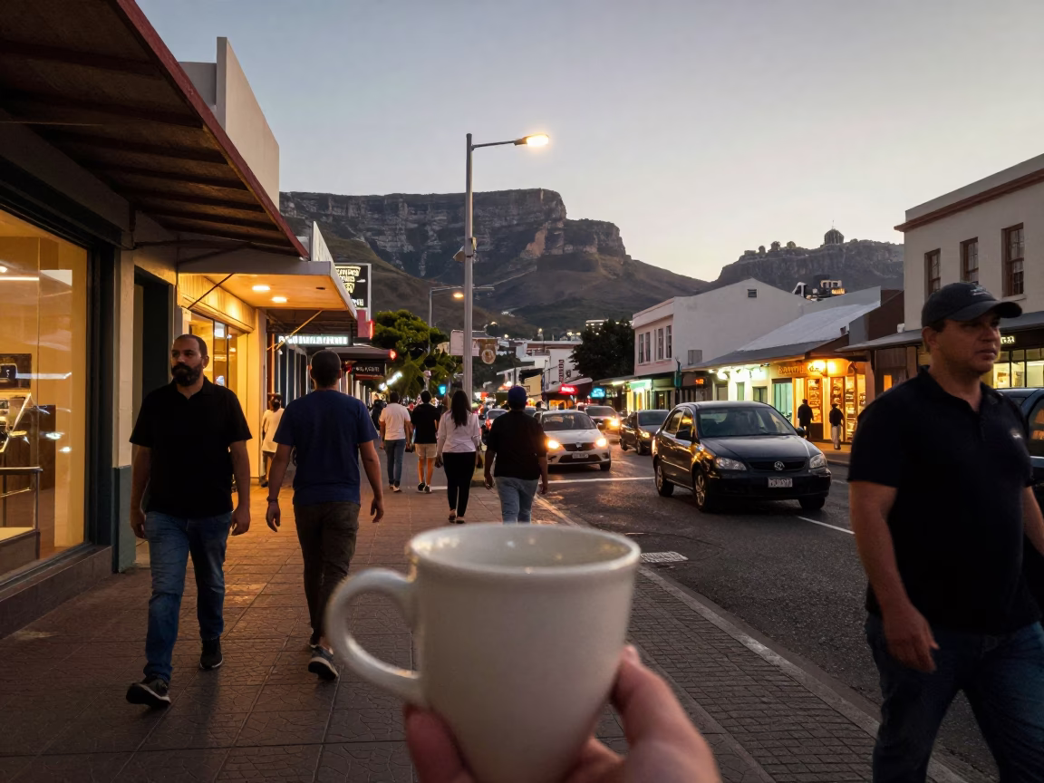 Busy Cape Town Street Scene Early Evening with Ceramic Cup and Bench Scraper in in Cape Town, South Africa