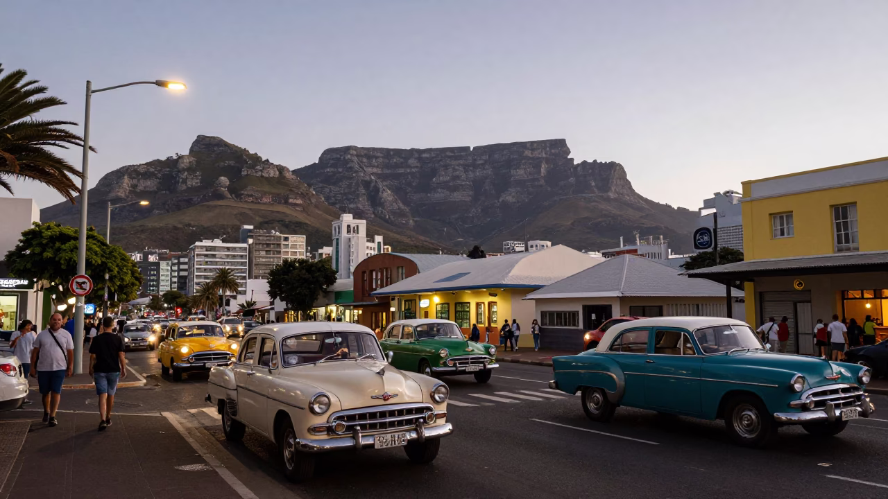 Busy Cape Town Street Scene Early Evening with Vintage Cars and Raincoats in in Cape Town, South Africa