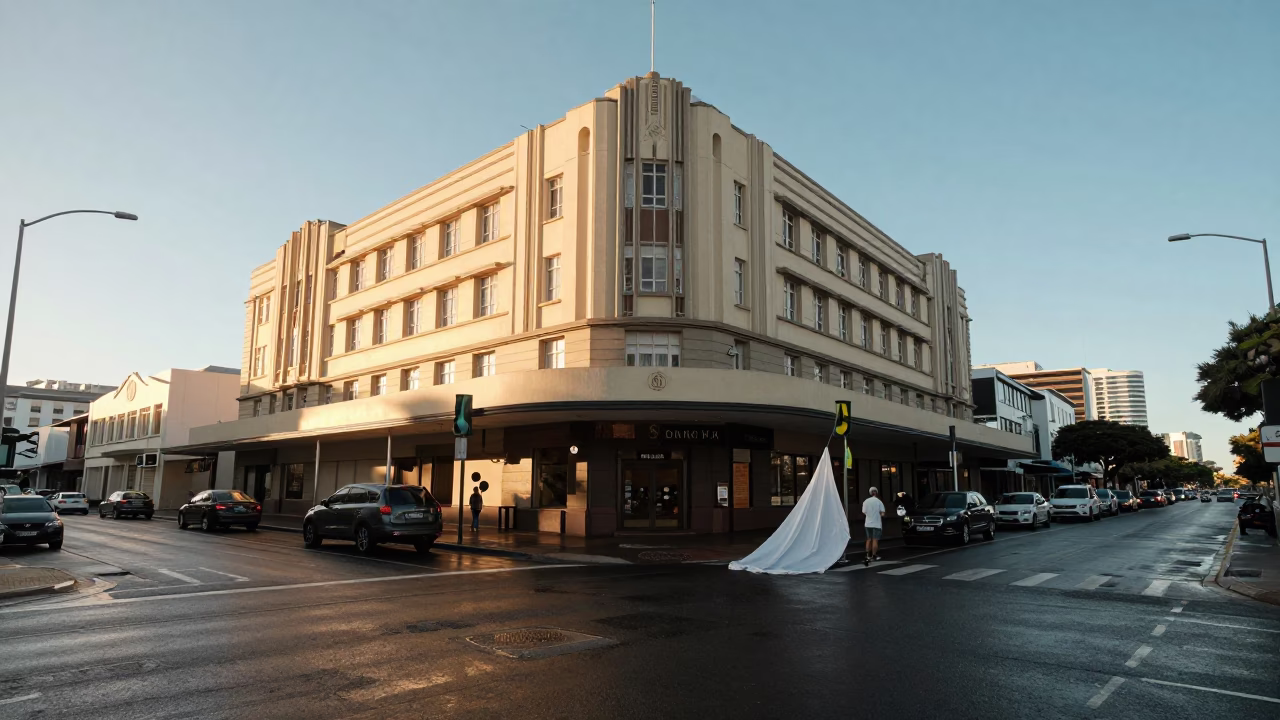 Busy Cape Town Street Scene Just After Sunrise with Art Deco Hotel Facade in in Cape Town, South Africa