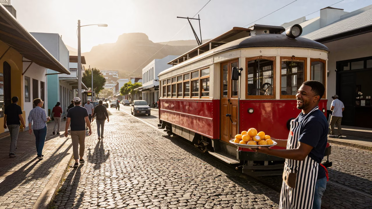 Busy Cape Town Street Scene Just After Sunrise with Heritage Tram and Cobblestone Avenue in in Cape Town, South Africa