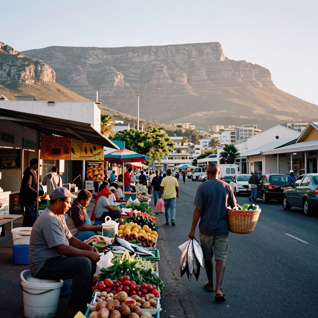 Busy Cape Town Street Scene Just After Sunrise with Local Commerce and Daily Life in in Cape Town, South Africa
