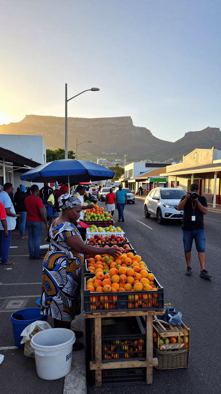 Busy Cape Town Street Scene Just After Sunrise with Local Market Activity in in Cape Town, South Africa