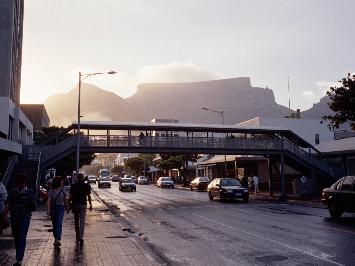 Busy Cape Town Street Scene Just After Sunrise with Pedestrian Overpass and Wet Footsteps in in Cape Town, South Africa