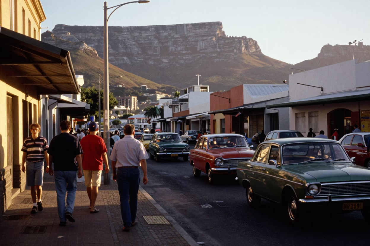Busy Cape Town Street Scene Late Afternoon with Vintage Cars and Local Life in in Cape Town, South Africa