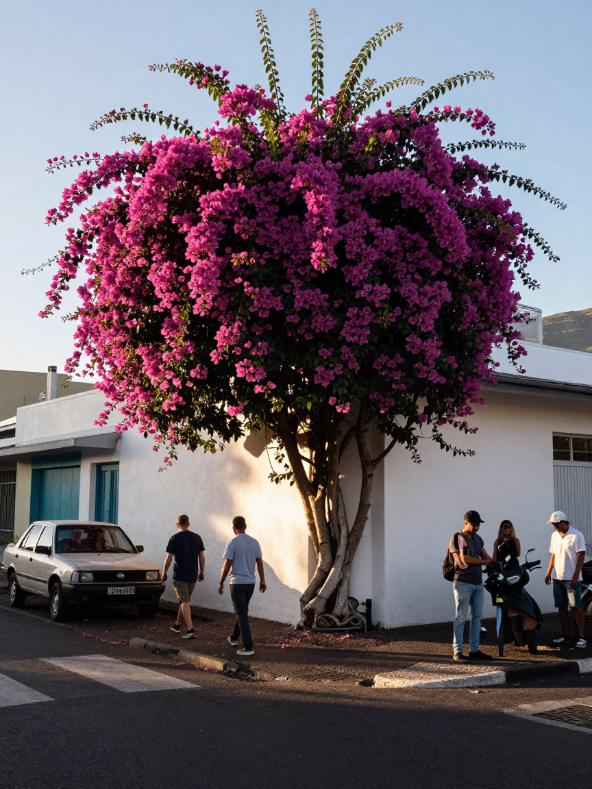 Busy Cape Town Street Scene Late Morning with Bougainvillea and Local Commerce in in Cape Town, South Africa