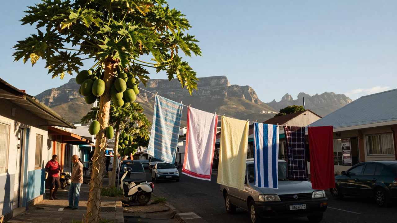 Busy Cape Town Street Scene Late Morning with Papaya Tree and Drying Towels in in Cape Town, South Africa