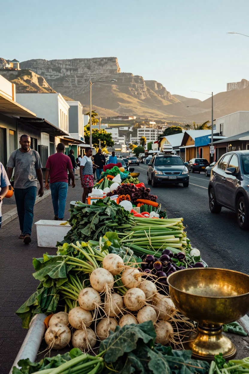 Busy Cape Town Street Scene Late Morning with Turnips and Ship Wheel in in Cape Town, South Africa