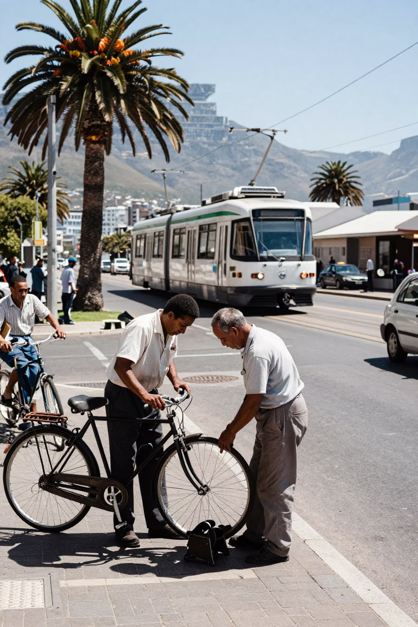 Busy Cape Town Street Scene Midday 1960s with Bicycle Mechanic and Monorail in in Cape Town, South Africa