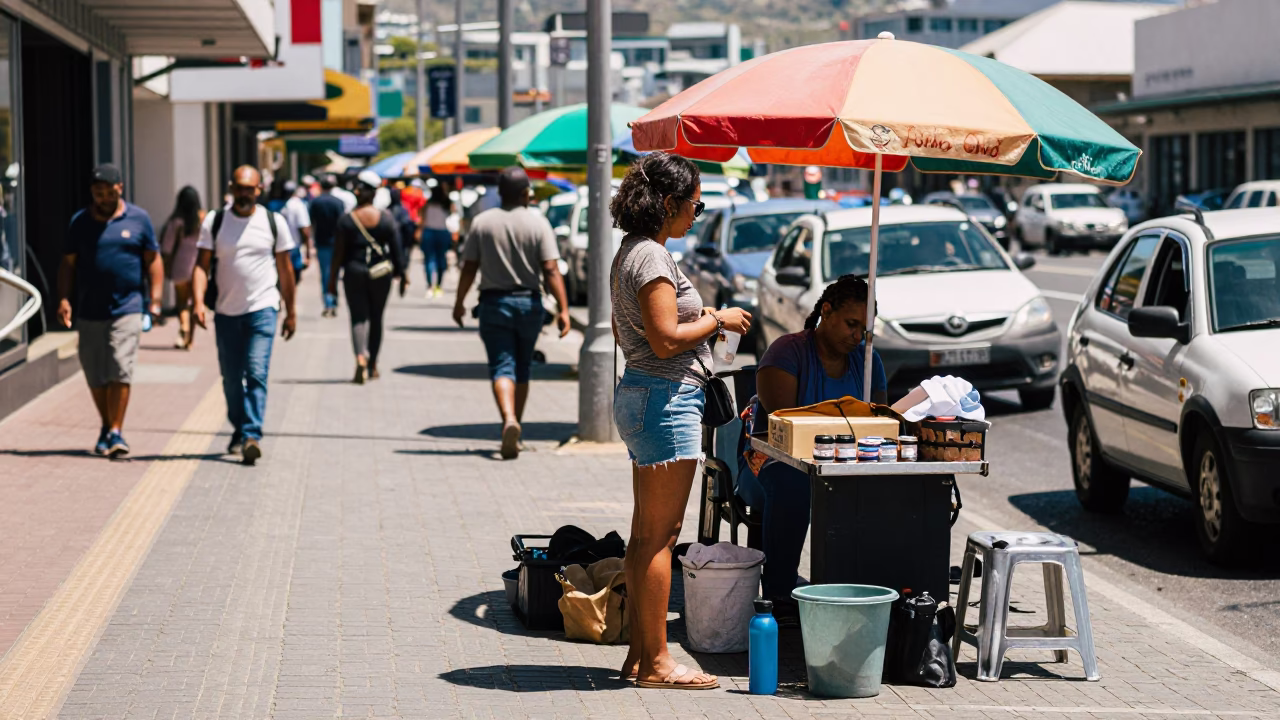 Busy Cape Town Street Scene Midday with Watering Bottle and Local Market Activity in in Cape Town, South Africa