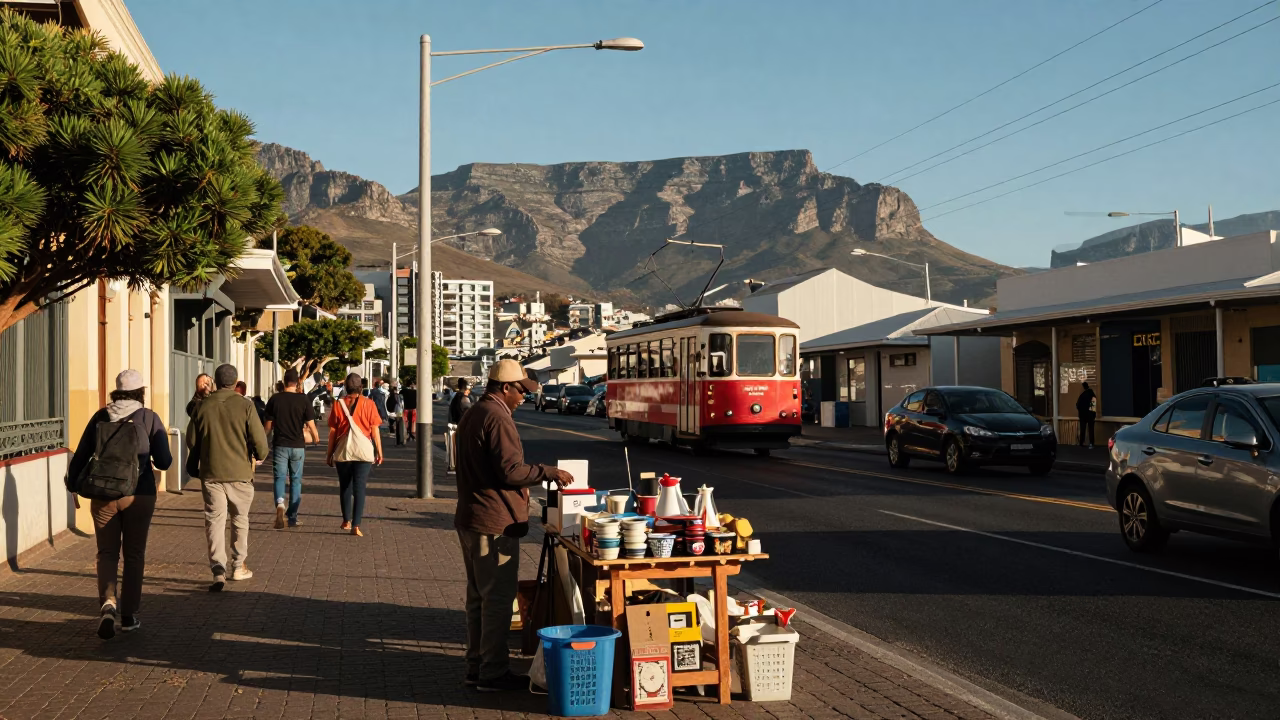 Busy Cape Town Street Scene with Aerial Tramway View and Local Commerce in in Cape Town, South Africa