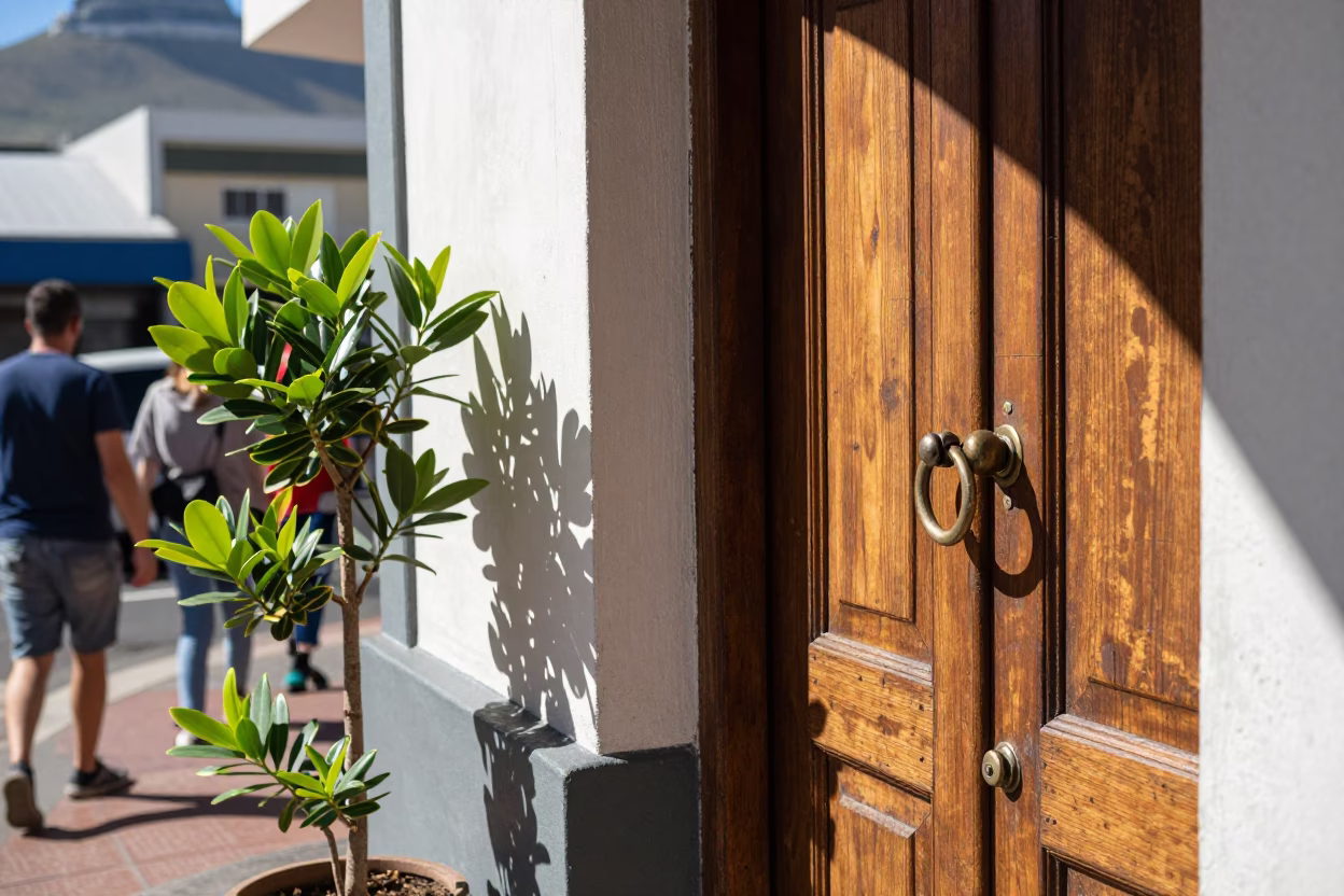 Busy Cape Town Street Scene with Jade Plant and Doorknob Detail in in Cape Town, South Africa