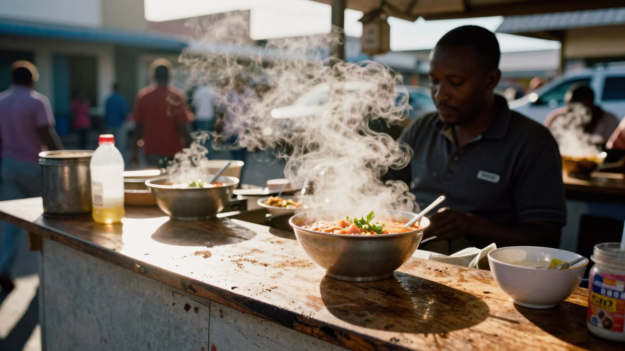 Busy Cape Town Street Stall Early Afternoon with Laksa and Local Interaction in in Cape Town, South Africa