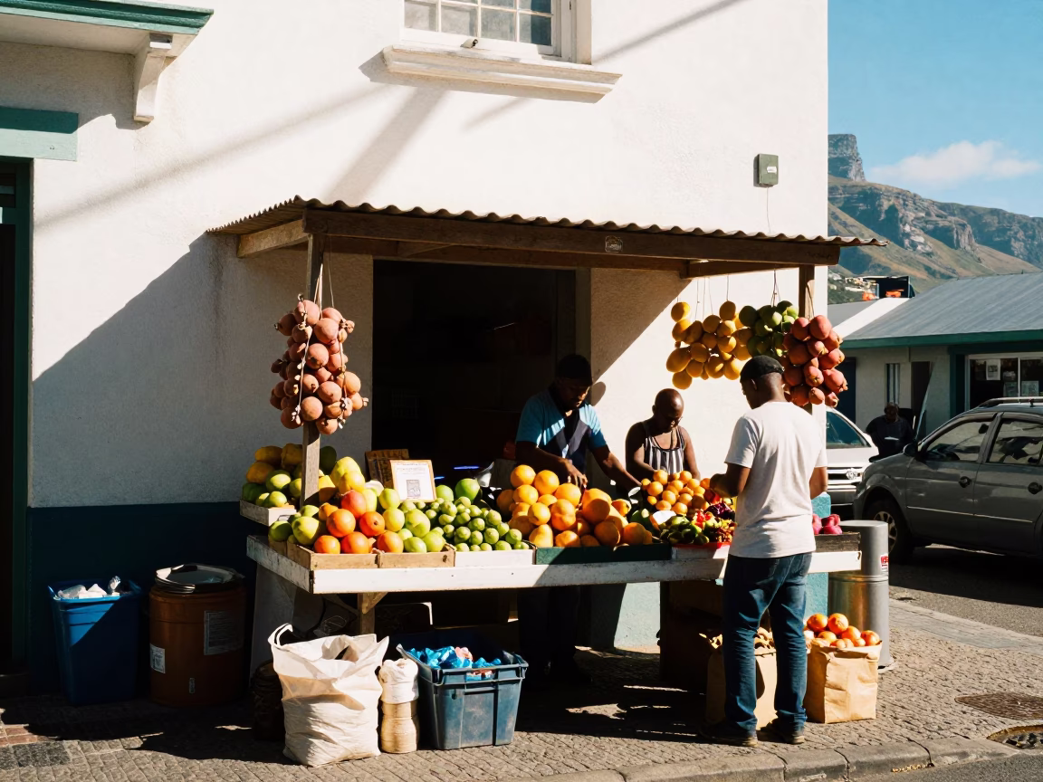 Busy Cape Town Street Stall with Sunlight and Local Goods in Bright Midmorning in in Cape Town, South Africa