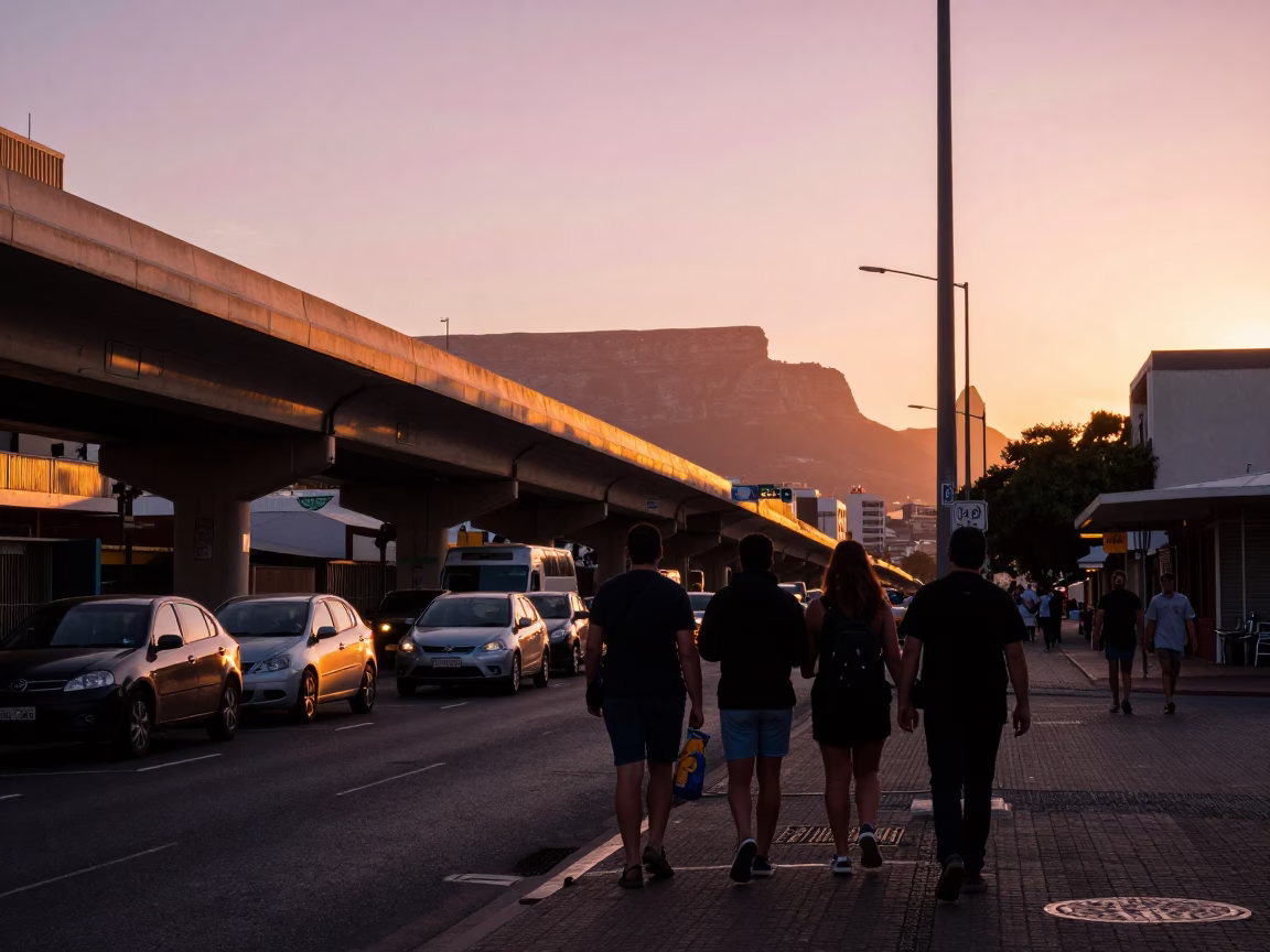 Busy Cape Town Sunset Street Scene with Highway Flyover and Cypress Trees in in Cape Town, South Africa