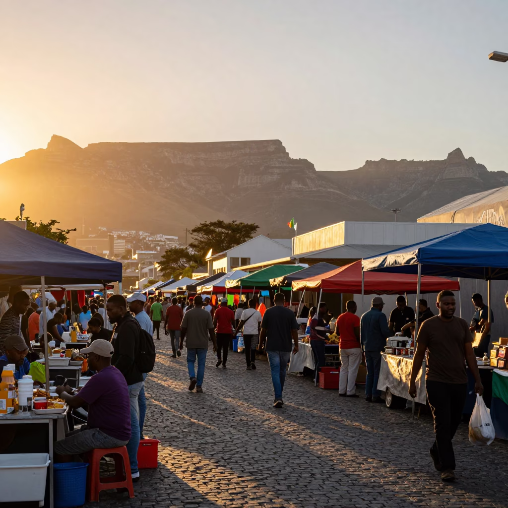Busy Cape Town Sunset Street Scene with Local Market Activity and Vintage 1980s Atmosphere in in Cape Town, South Africa