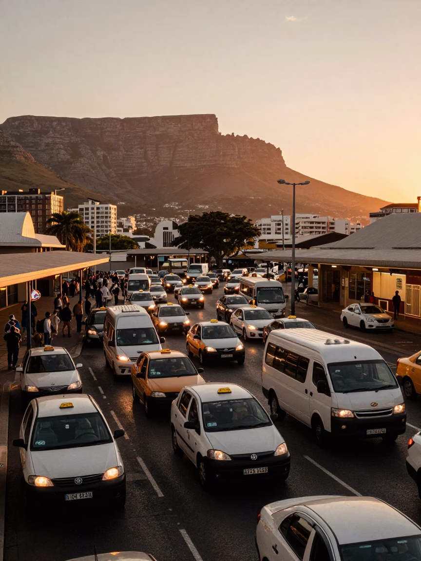 Busy Cape Town Taxi Rank at Sunset with Minibus and Commuters in in Cape Town, South Africa