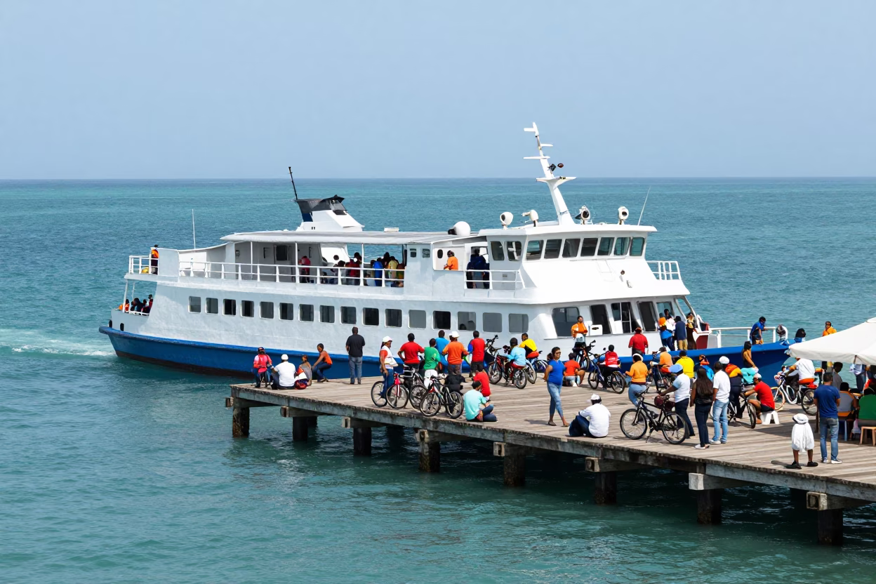 Busy Cartagena Colombia Dock Ferry Loading Passengers Bicycles in Bright Midmorning Light in in Cartagena, Colombia