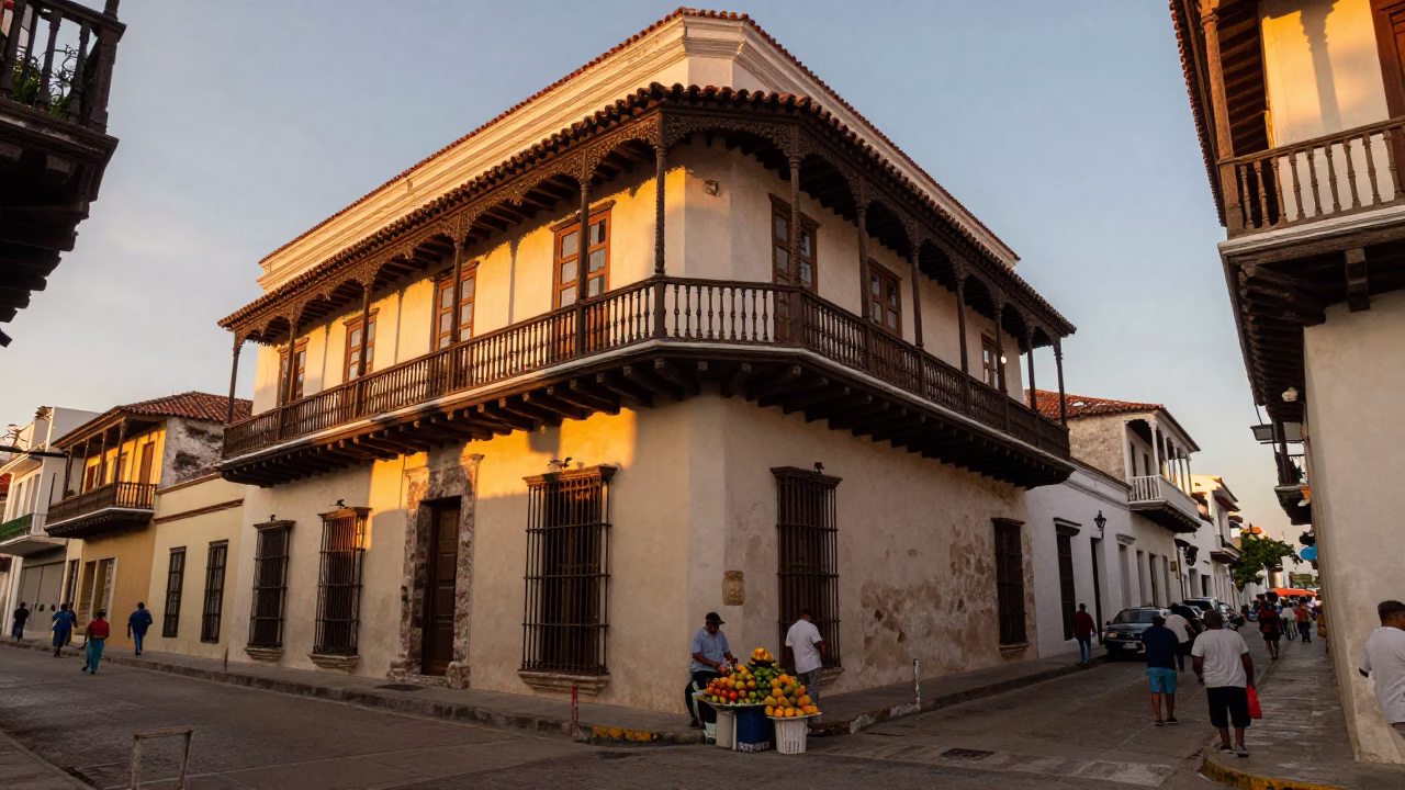 Busy Cartagena Colombia Evening Street Scene with Colonial Balconies and Local Life in in Cartagena, Colombia