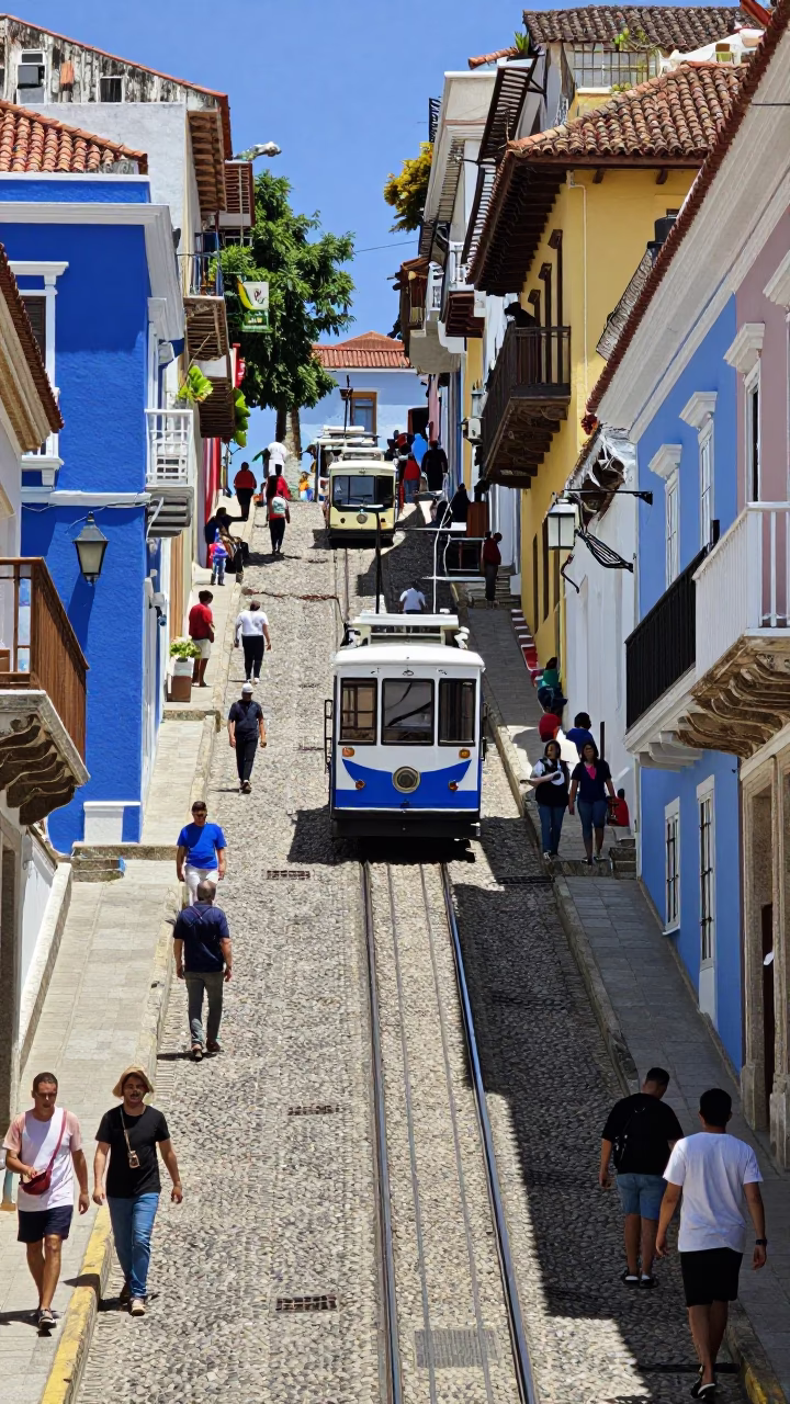 Busy Cartagena Colombia Midday Street Scene with Funicular and Colorful Colonial Architecture in in Cartagena, Colombia