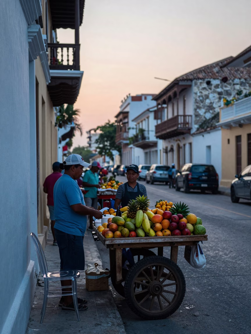 Busy Cartagena Colombia Morning Market Scene Before Sunrise with Vendors and Street Life in in Cartagena, Colombia