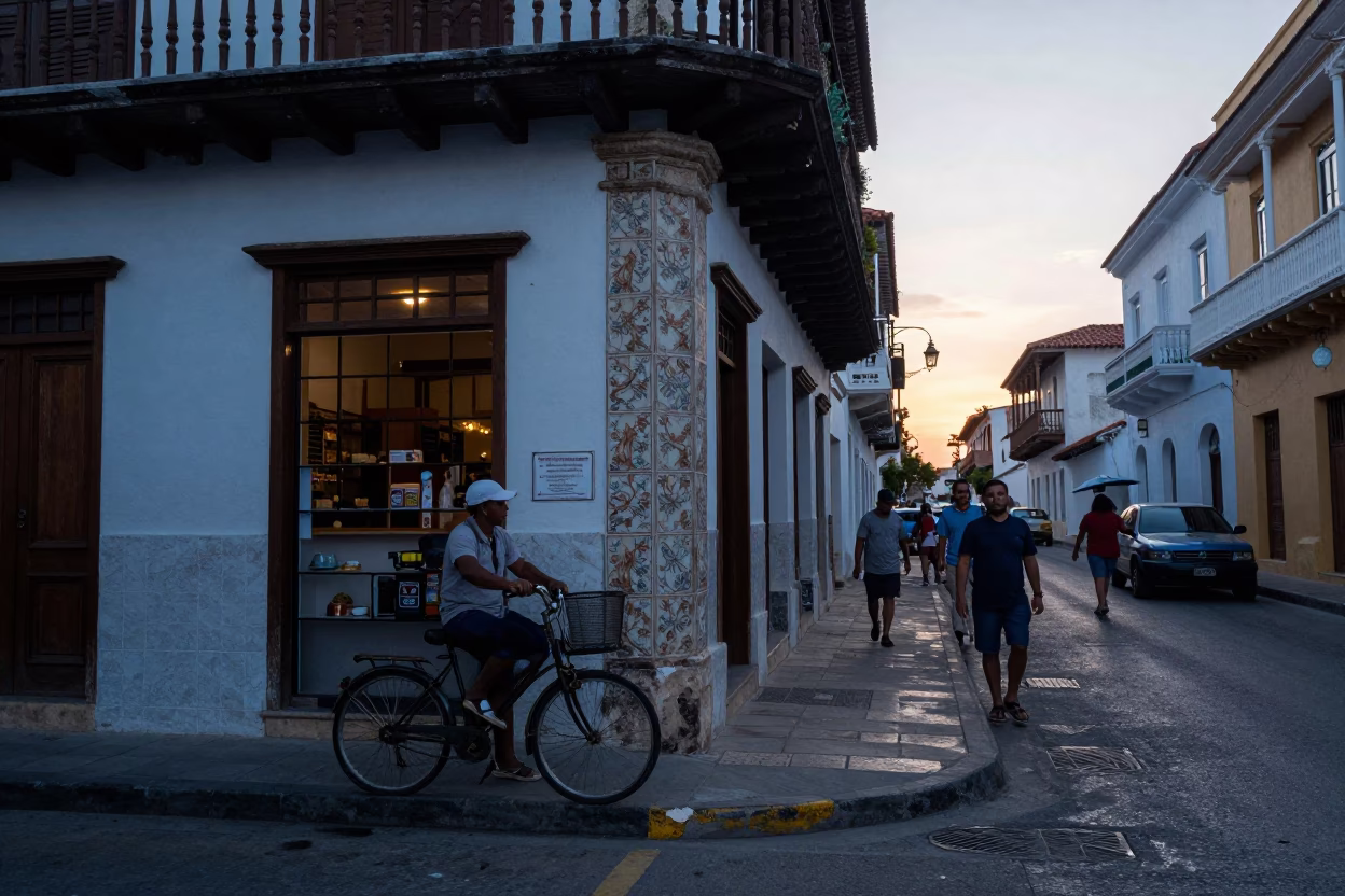 Busy Cartagena Colombia Street Scene Before Sunrise With Bicycle And Bakery in in Cartagena, Colombia