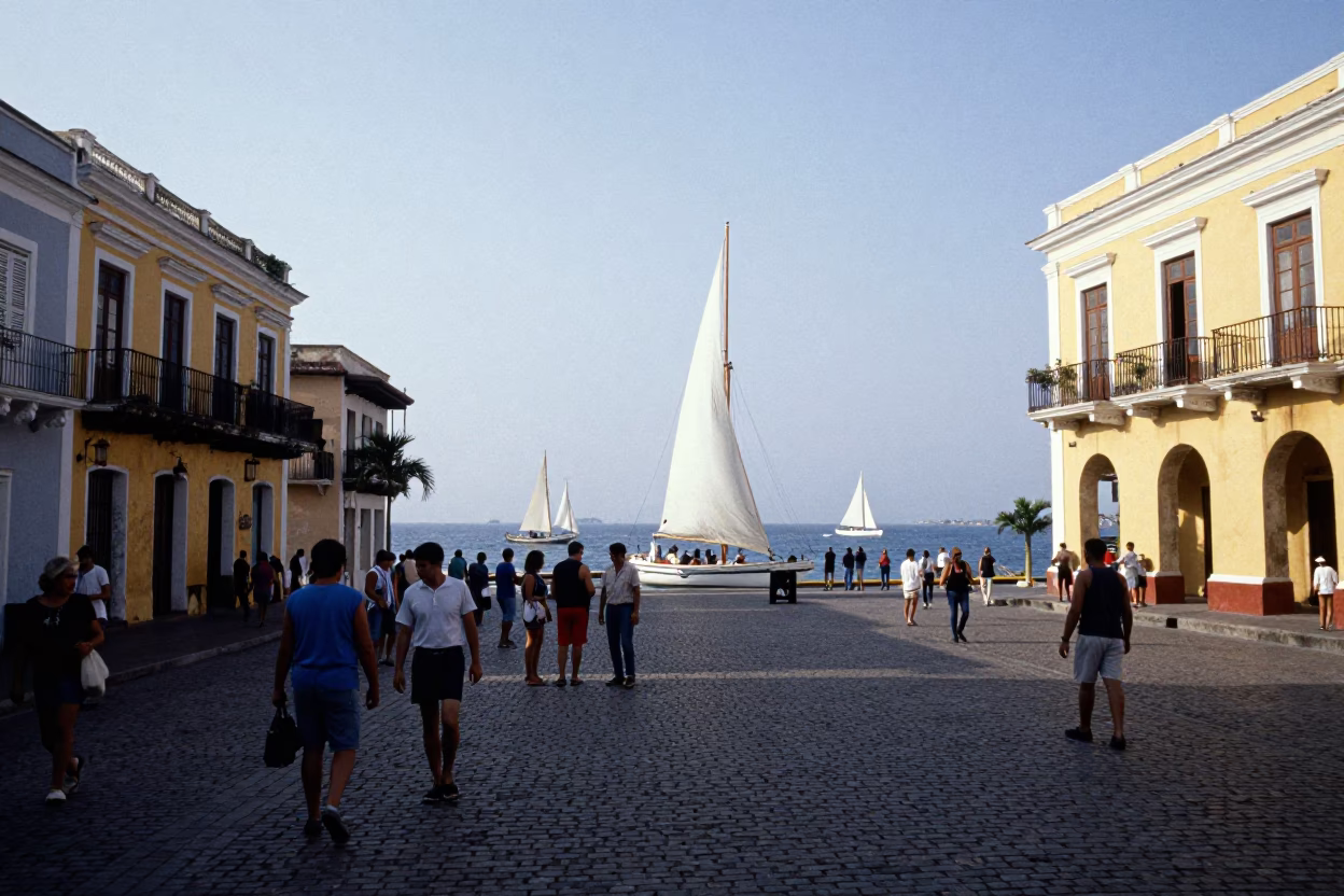 Busy Cartagena Colombia Street Scene Early Afternoon with Sailing Yacht in Caribbean Anchorage in in Cartagena, Colombia