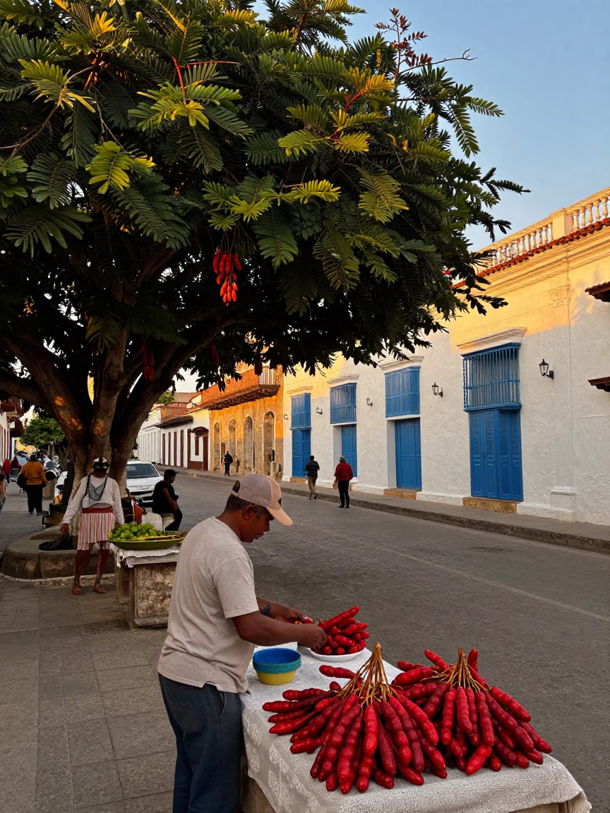 Busy Cartagena Colombia Street Scene Honeyed Evening Light Tamarind Tree in in Cartagena, Colombia